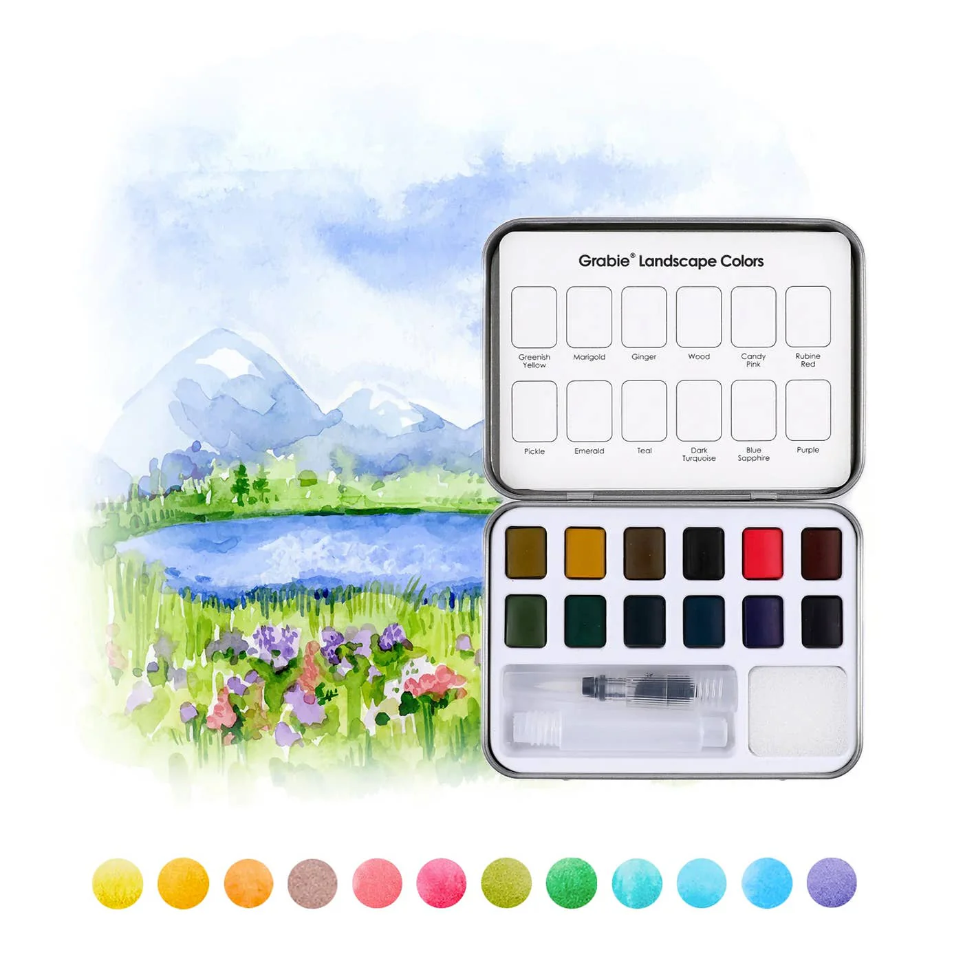 Watercolor Pocket Set Of 12 With Brush - Landscape Colors - Image 1