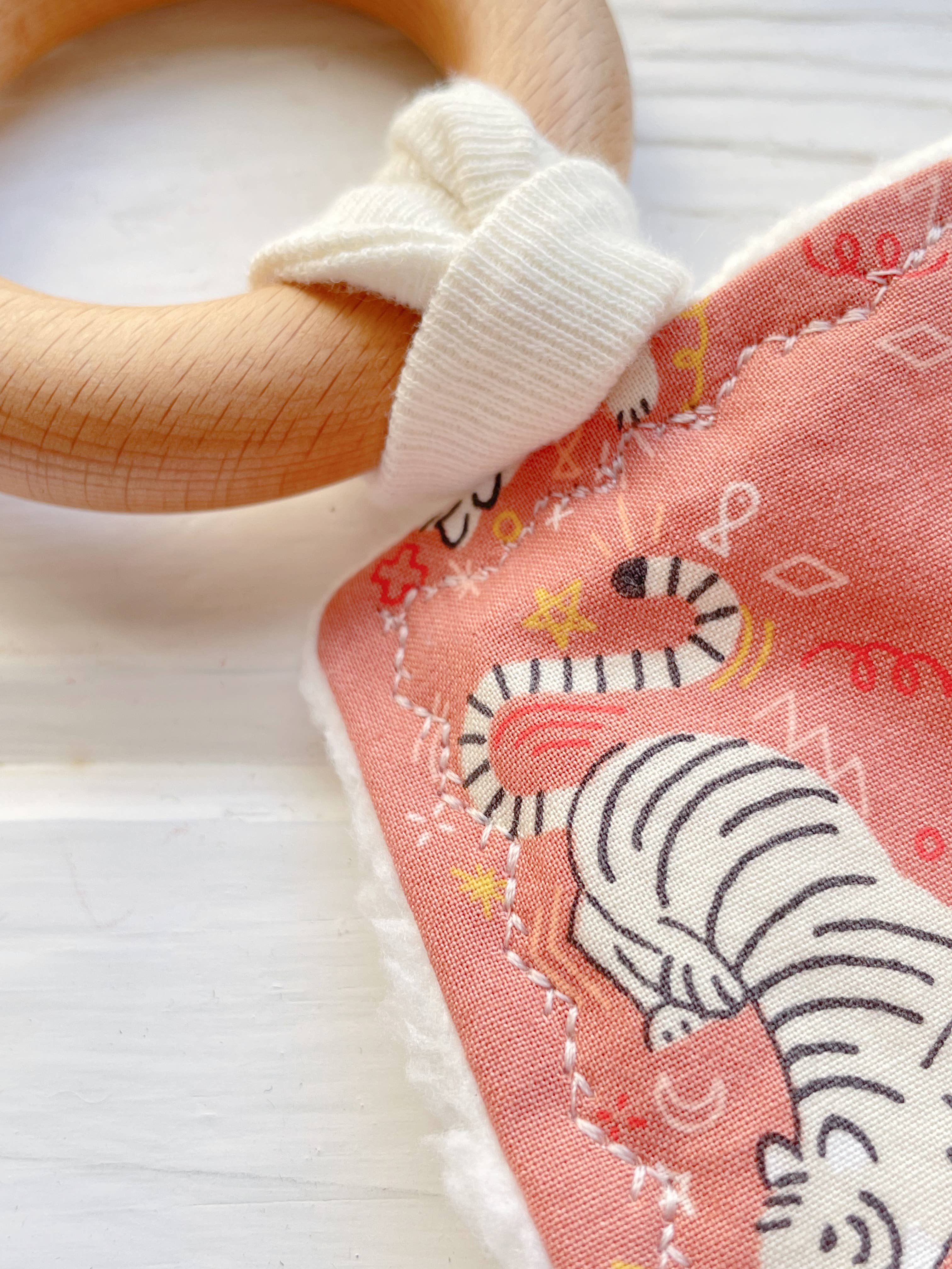 Tiger Crinkle Toy, Fabric Ribbon Taggies, Wood Teething Ring - Image 3