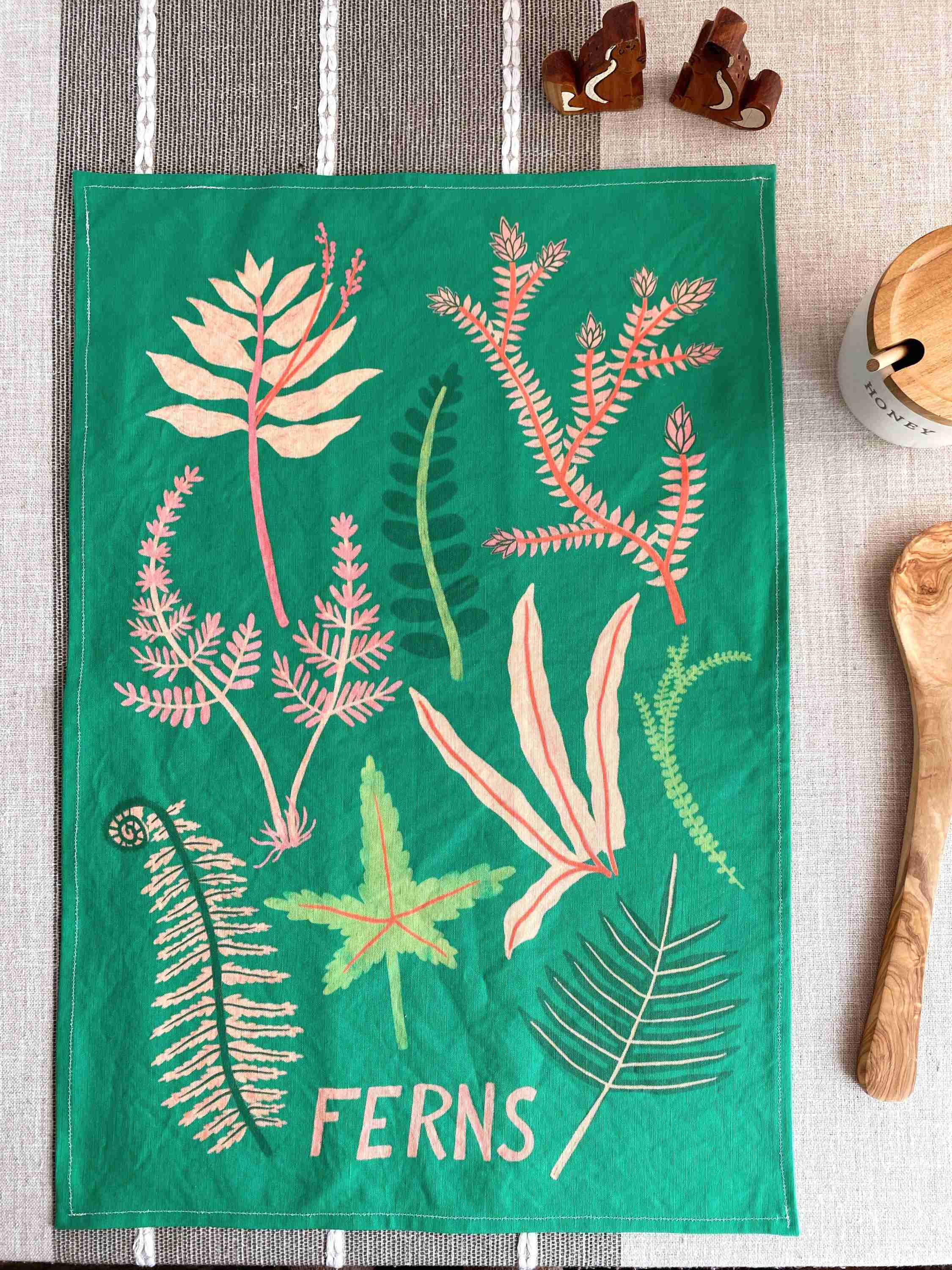 Pink & Green Ferns Tea Towel - Image 1