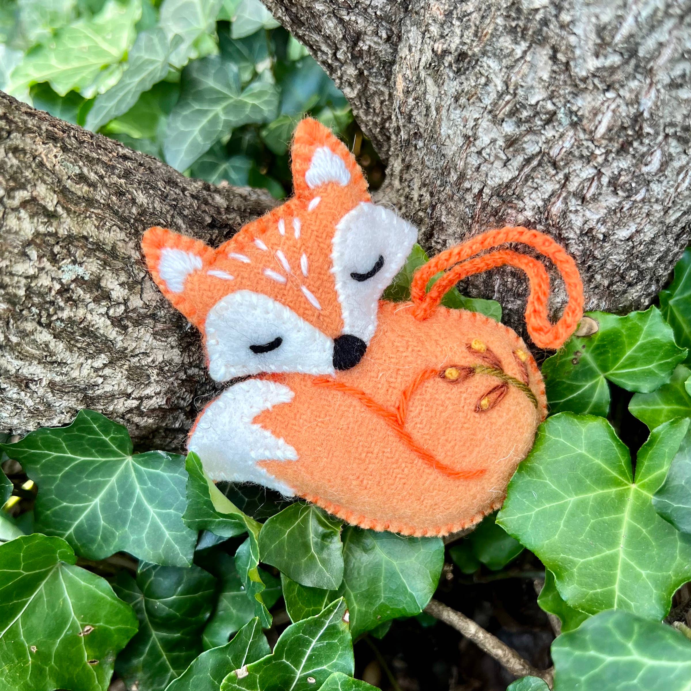 Sleeping Fox Embroidered Wool Christmas Ornament - Image 3