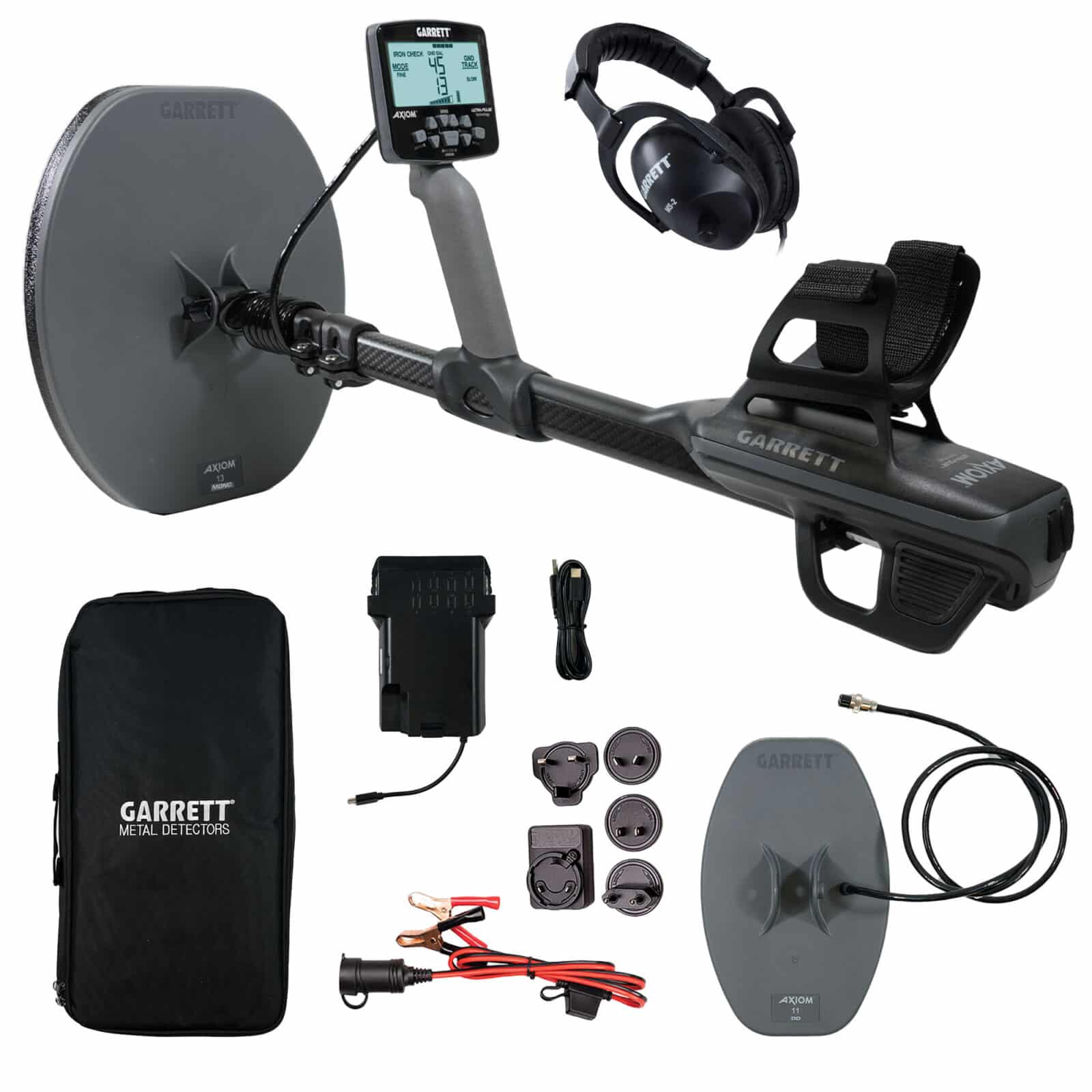 Garrett Axiom Metal Detector with 13"x11" Mono Coil, 11"x7" DD Coil and MS-2 Headphones (Open Box) - Image 1