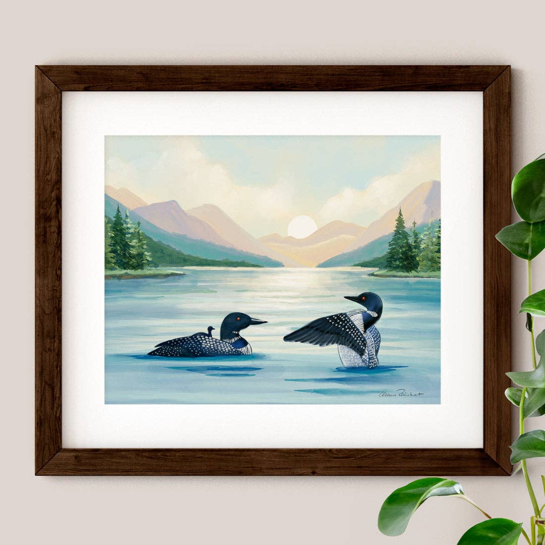 Loons, Adirondack Park, NY Sunset, Hand Painted Illustration - Fine Art Print - Made in the USA - Image 1