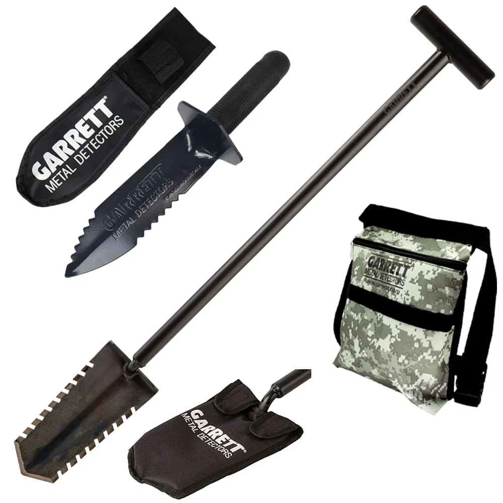 Garrett Razor Relic Shovel, Garrett Edge Digger, and Camo Digger's Pouch for Metal Detecting - Image 1