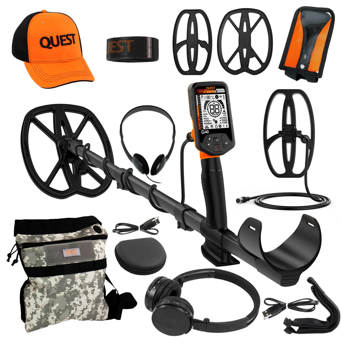 Quest Q40+ Pack Metal Detector with 2 Coils, Hat, Wireless HP Pouch and Cover - Image 1