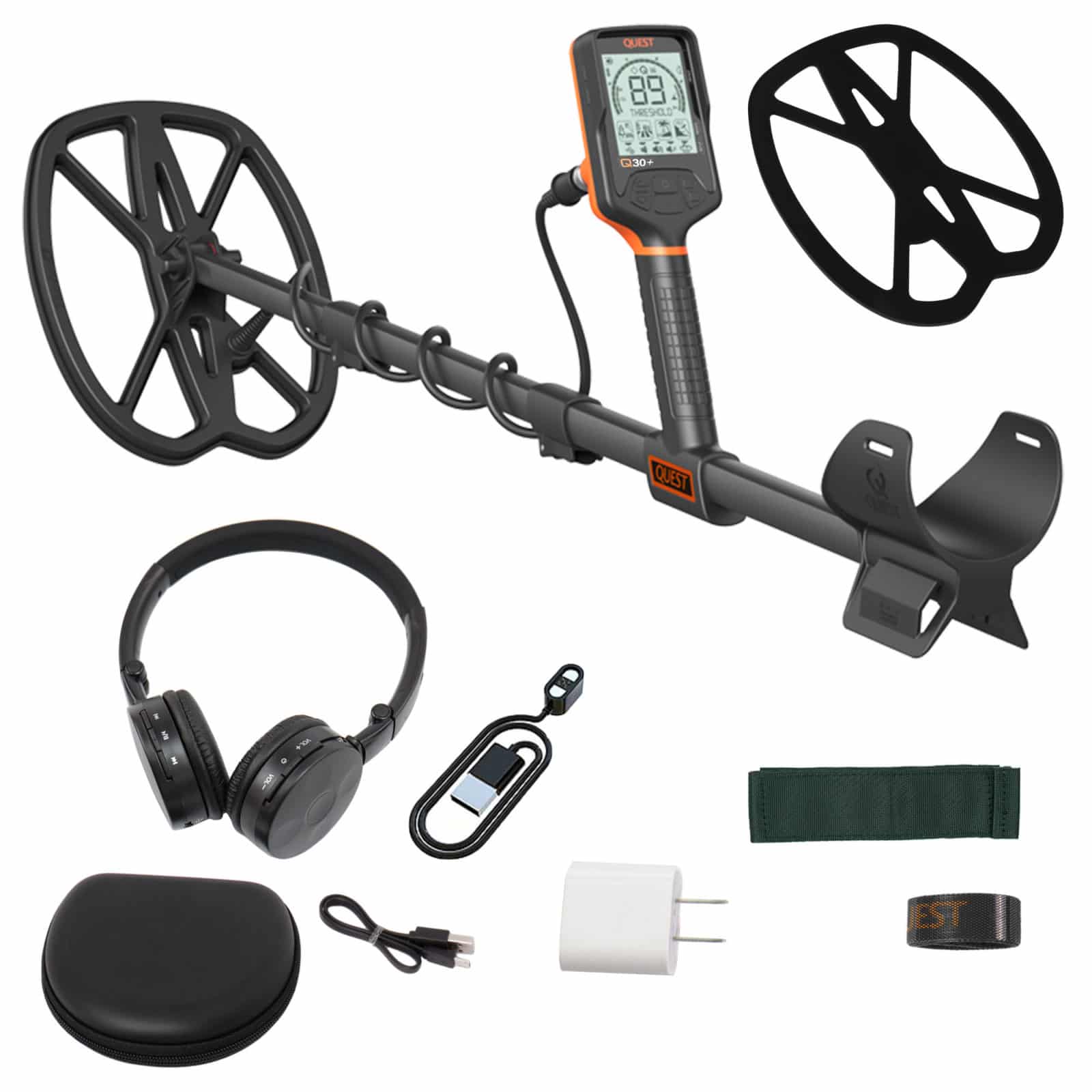 Quest Q30+ Metal Detector w/Wirefree Lite Headphones& RaptorX TurboD 9x11" Coil - Image 1