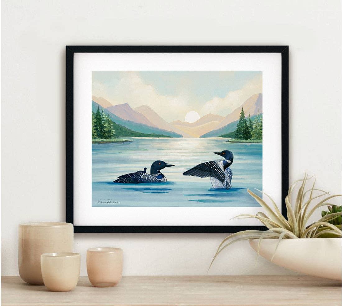 Loons, Adirondack Park, NY Sunset, Hand Painted Illustration - Fine Art Print - Made in the USA - Image 2