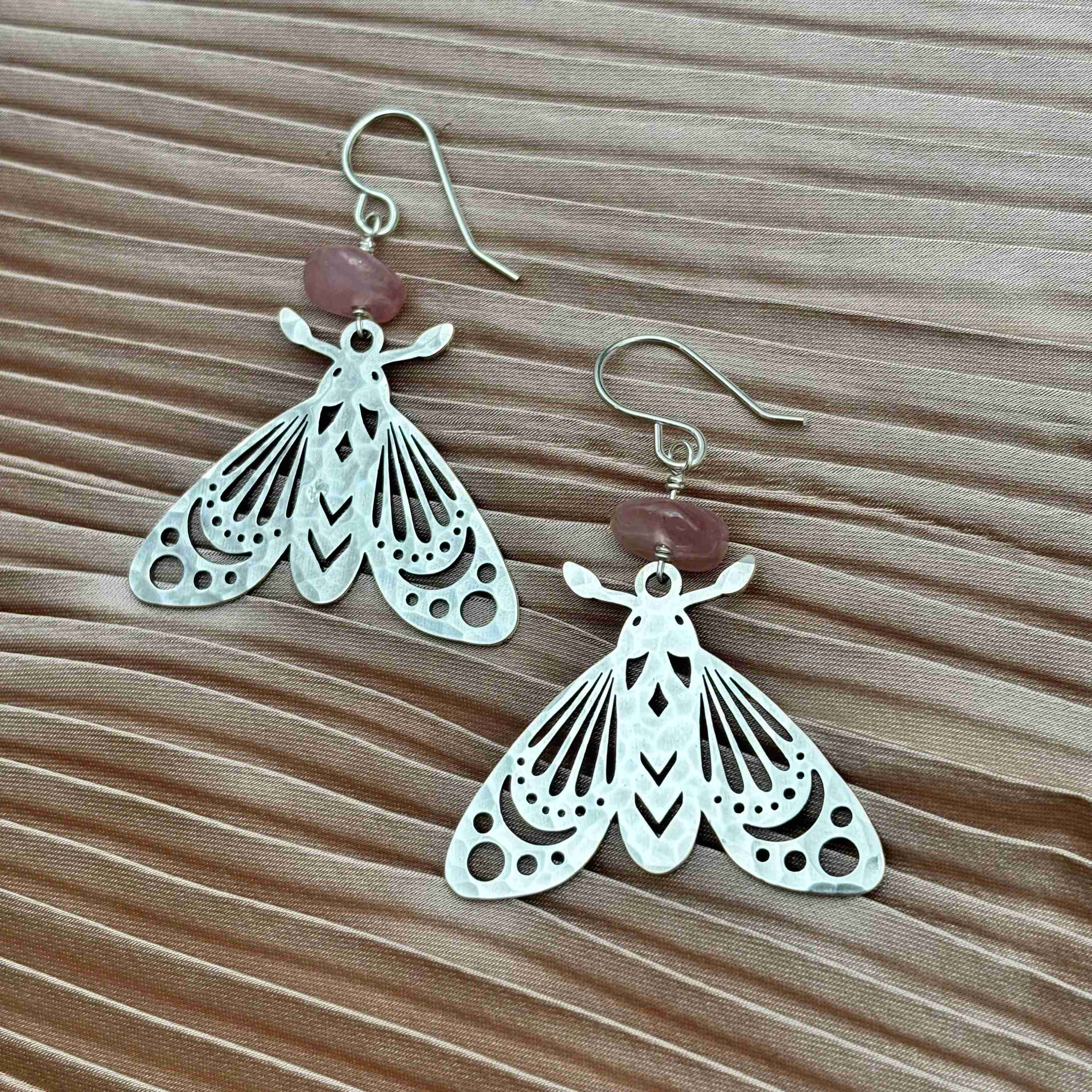 Handmade Anahata Earrings | Moth | Rose Quartz | Nature - Image 3