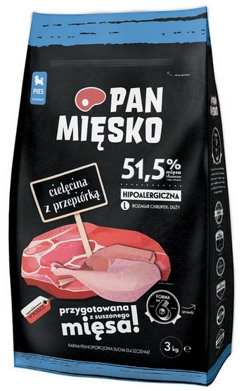 Pan Mięsko Karma sucha dla psa – dla szczeniąt cielęcina i przepiórka chrupki L 3kg