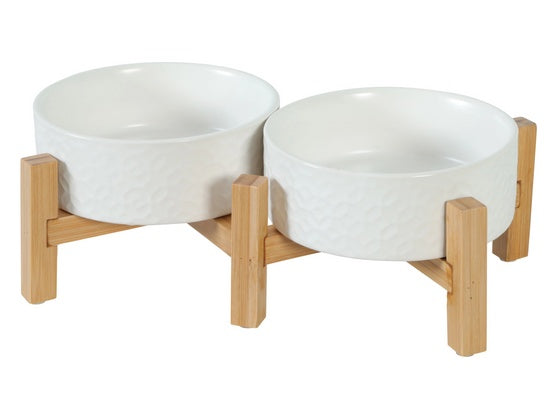 Zolux miska ceramiczna Keramo Duo 2×300 ml biała – podwójny zestaw na bambusowym stojaku