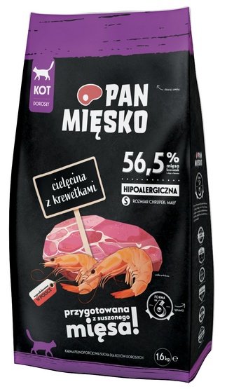 Pan Mięsko Karma sucha dla kota – cielęcina i krewetki chrupki S 1,6kg