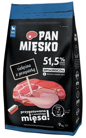 Pan Mięsko Karma sucha dla psa – dla szczeniąt cielęcina i przepiórka chrupki L 9kg
