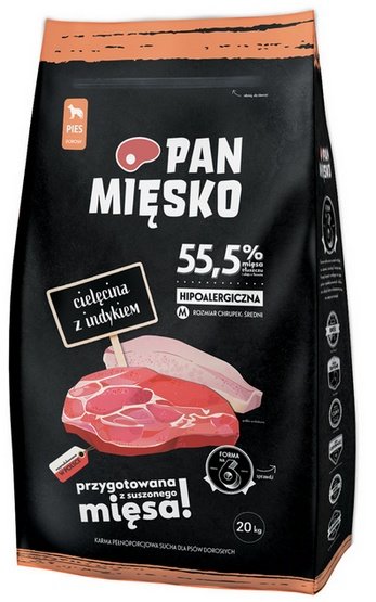 Pan Mięsko Karma sucha dla psa – cielęcina i indyk chrupki M 20kg