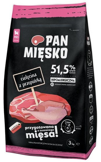 Pan Mięsko Karma sucha dla szczeniąt – cielęcina i przepiórka chrupki XS 3kg