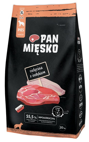 Pan Mięsko karma sucha dla psa cielęcina i indyk chrupki XL 20 kg – chrupki XL dla dużych psów
