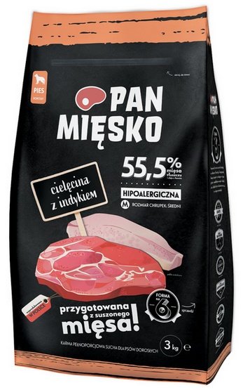 Pan Mięsko Karma sucha dla psa – cielęcina i indyk chrupki M 3kg
