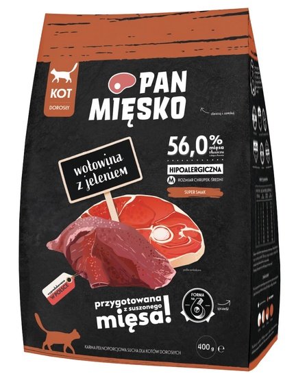 Pan Mięsko Karma sucha dla kota – wołowina i jeleń chrupki M 400g