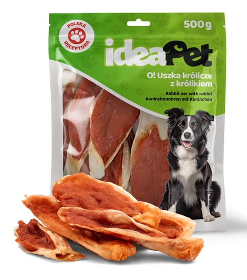 ideapet uszka królicze z królikiem 500g – naturalny gryzak dla higieny zębów