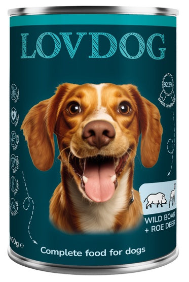 Lovdog Wild Boar & Roe Deer puszka 400 g – wysoka zawartość mięsa z dzika i sarny bez zbóż