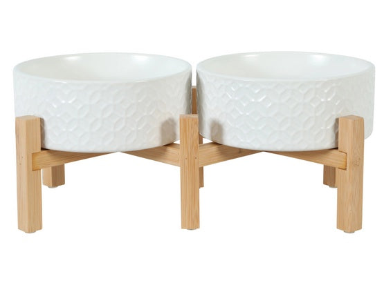 Zolux miska ceramiczna Keramo Duo 2×700 ml biała – stabilny stojak bambusowy