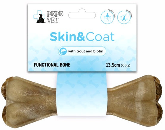 Paka Zwierzaka PEPE VET kość funkcjonalna Skin & Coat 13,5 cm – wsparcie skóry i sierści z pstrągiem i biotyną
