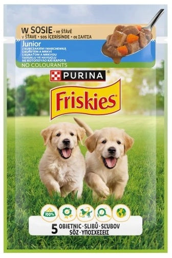 Friskies Dog Junior kurczak i marchewka w sosie saszetka 85 g – delikatne kawałki w aromatycznym sosie