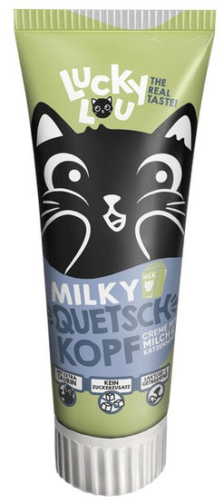 Lucky Lou Quetschköpfe Mleko pasta 75g – bez laktozy, z tauryną (przysmak w tubie dla kota) - Image 1