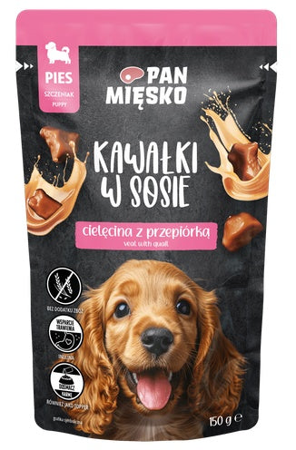 Pan Mięsko karma mokra dla psa Puppy cielęcina z przepiórką – kawałki w sosie bez zbóż