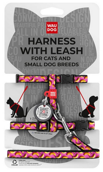 Collar WauDog Nylon Szelki ze smyczą nylonowe anatomiczne w kształcie litery H, z QR-paszportem, plastikowy fastex, wzór BANANY NA RÓŻU, rozmiar XS - Image 1