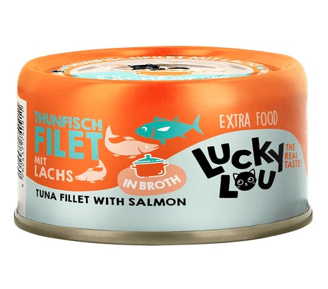 Lucky Lou Extrafood tuńczyk & łosoś w bulionie puszka 70g – soczysty filet bez zbóż