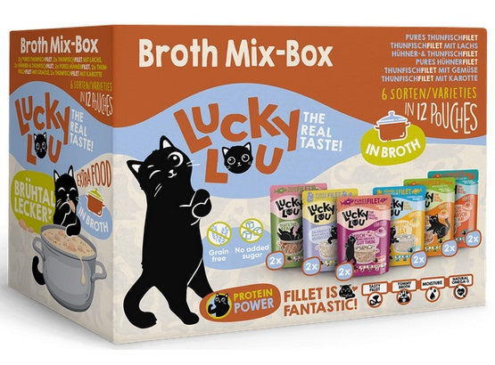 Lucky Lou Extrafood Broth-Mix-Box multipack – 12 saszetek filecików w aromatycznym bulionie