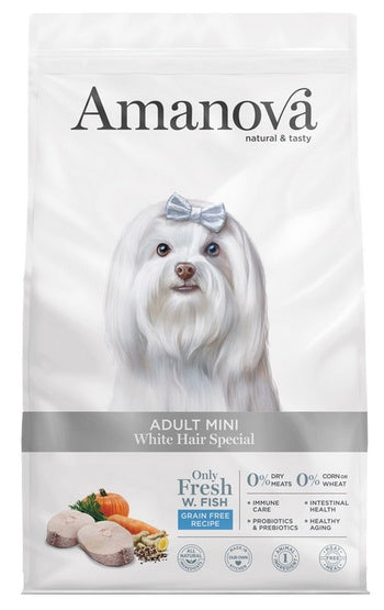 Amanova white fish mini adult – wsparcie białej sierści – 7 kg