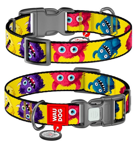 Collar WauDog Nylon Obroża nylonowa z QR-paszportem, plastikowy fastex, wzór FUTRZANE POTWORY, XXL 35mm/46-70cm