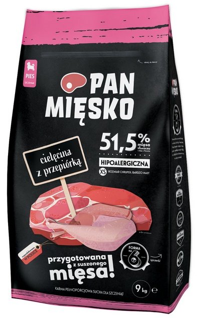 Pan Mięsko Karma sucha dla szczeniąt – cielęcina i przepiórka chrupki XS 9kg