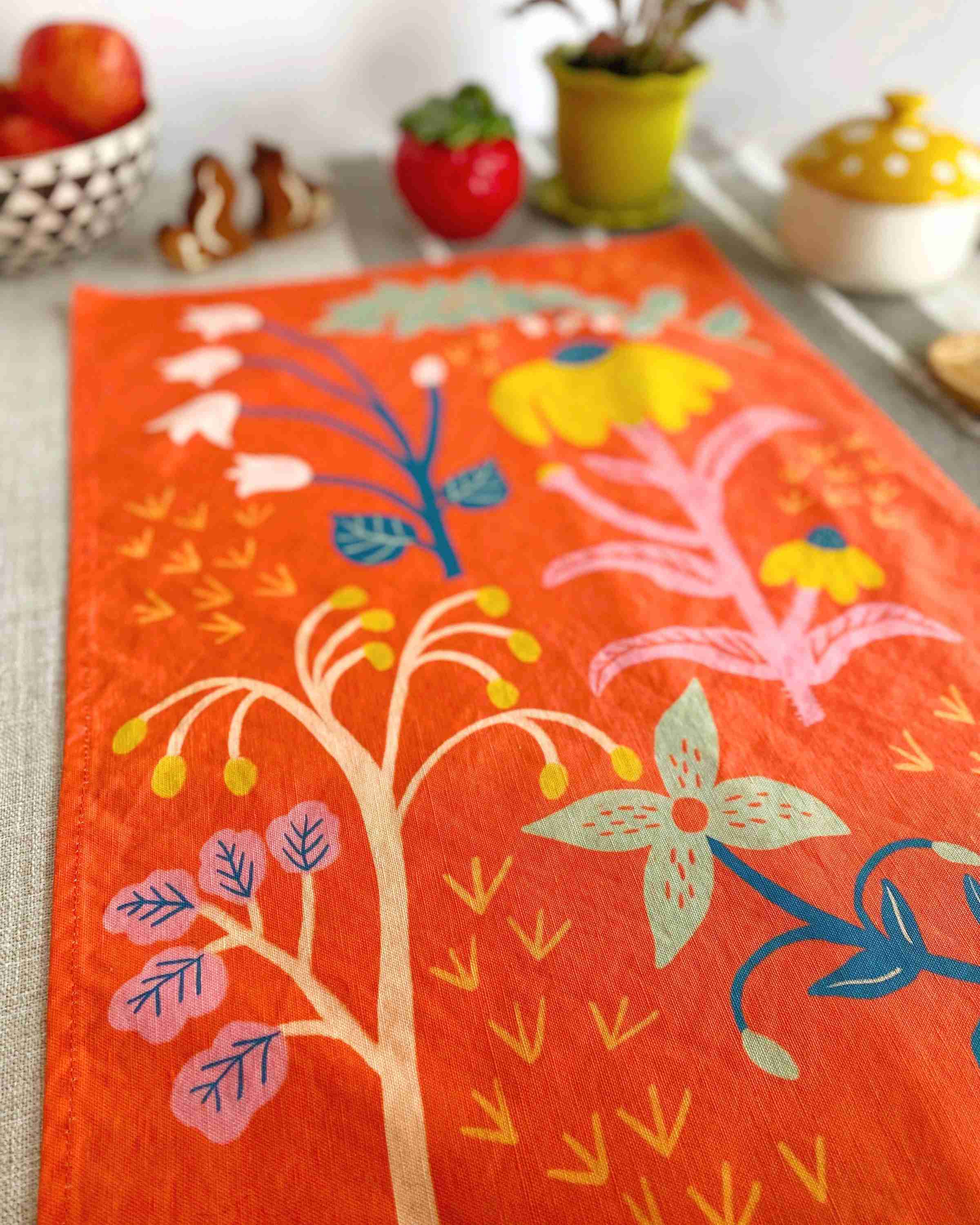 Coral Red Wildflowers Tea Towel - Image 2