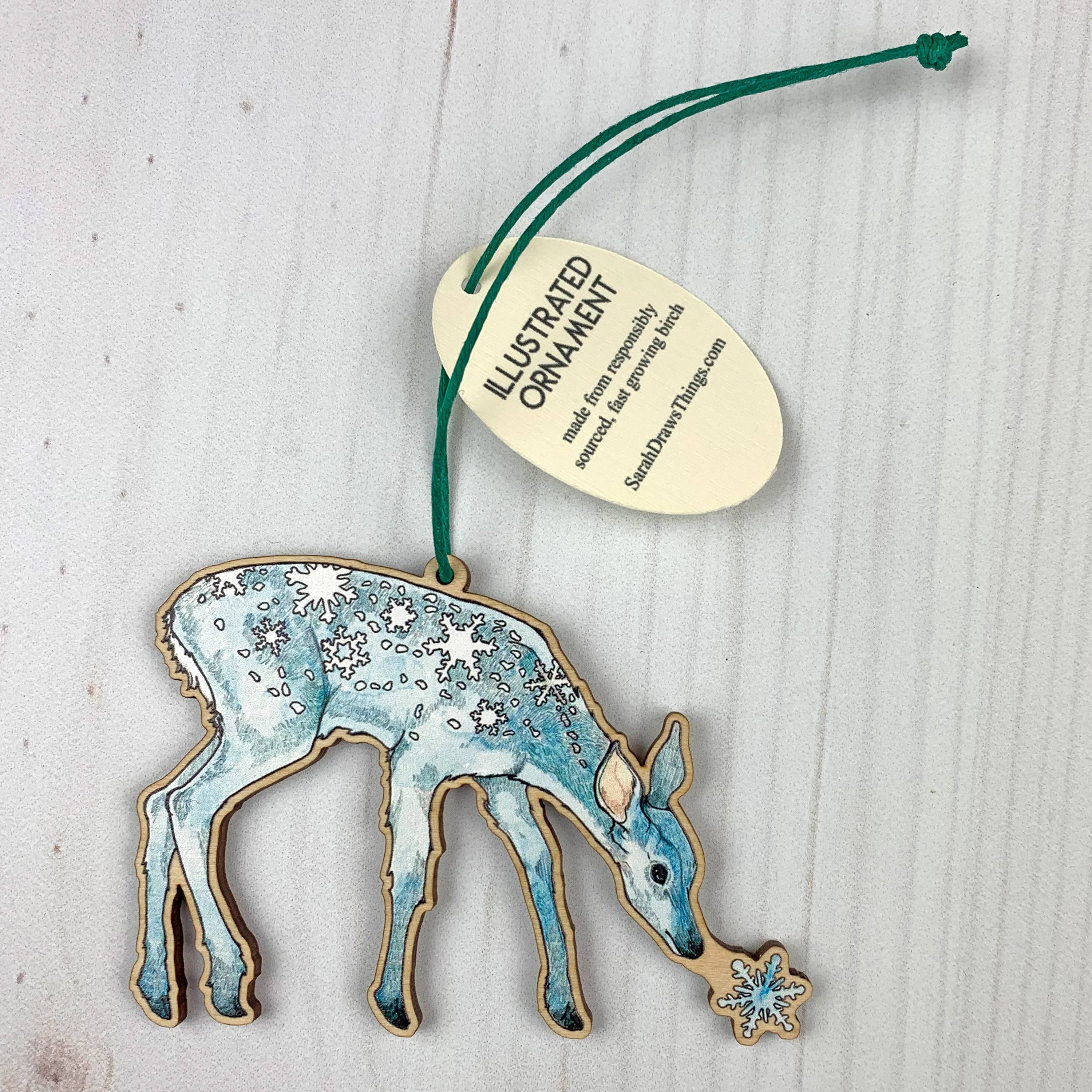 Snow Deer - 3.5" illustrated wooden tree ornament - Image 1