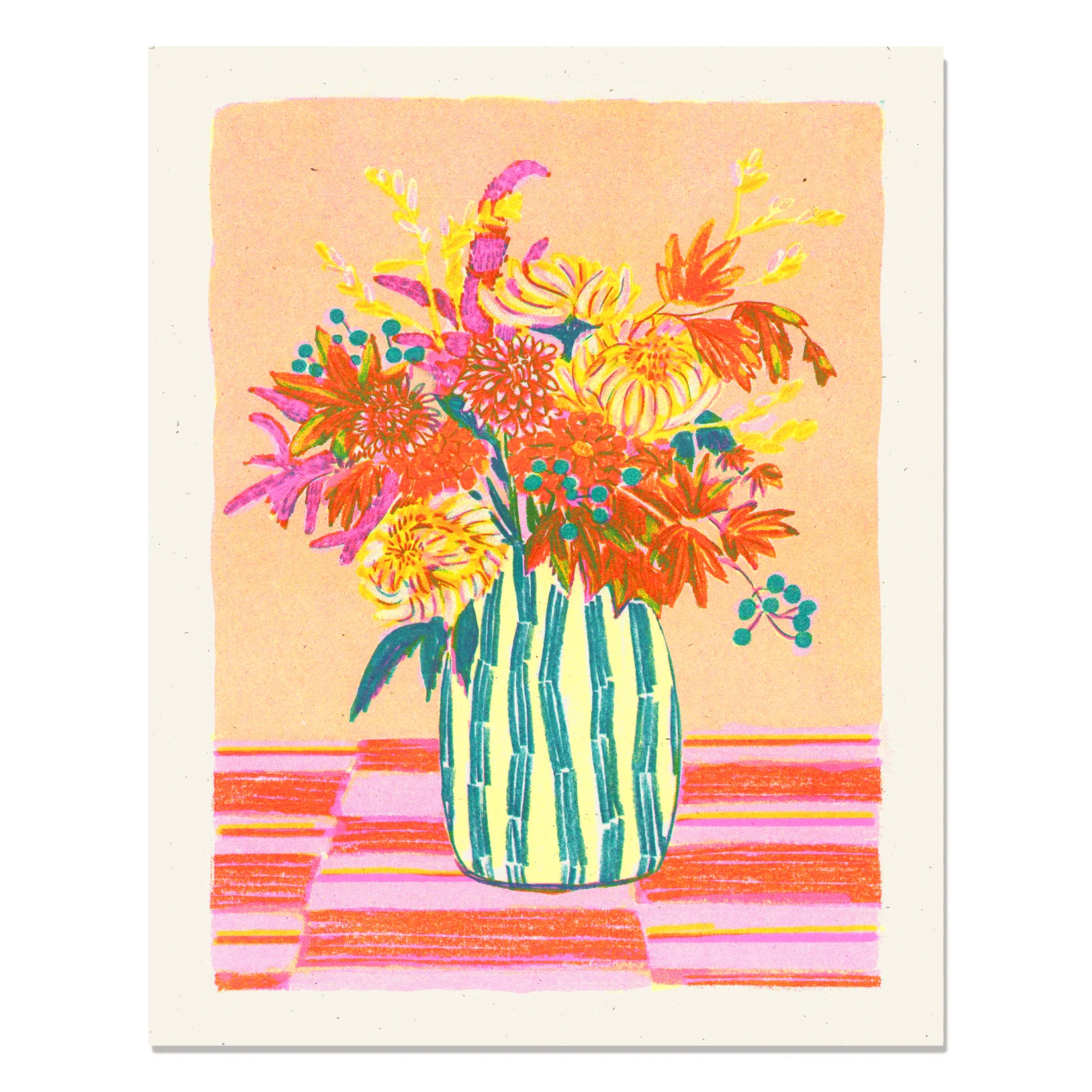 Chrysanthemums and Stripes Risograph Art Prints - Image 1