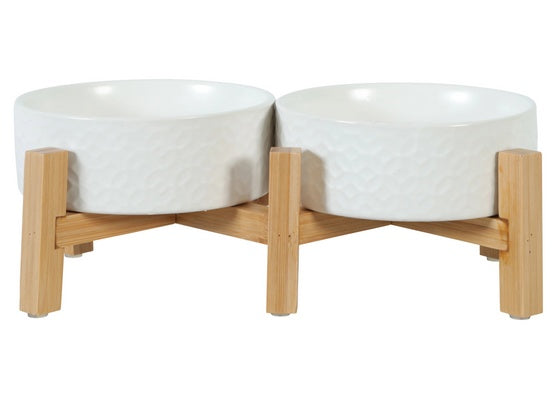 Zolux miska ceramiczna Keramo Duo 2x300 ml biała - podwójny zestaw na bambusowym stojaku - Image 2