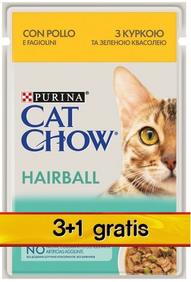 Purina Cat Chow Hairball kurczak saszetki 3+1 GRATIS 4×85 g – wsparcie ograniczania kul włosowych