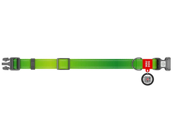 Collar WauDog Nylon Mono Obroża nylonowa odblaskowa z QR-paszportem, plastikowy fastex, M 20mm/28-40cm jasnozielona - Image 2