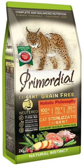 Primordial Cat Grain Free Neutered Exigent Salmon & Quail 2kg – bezzbożowa receptura dla sterylizowanych niejadków