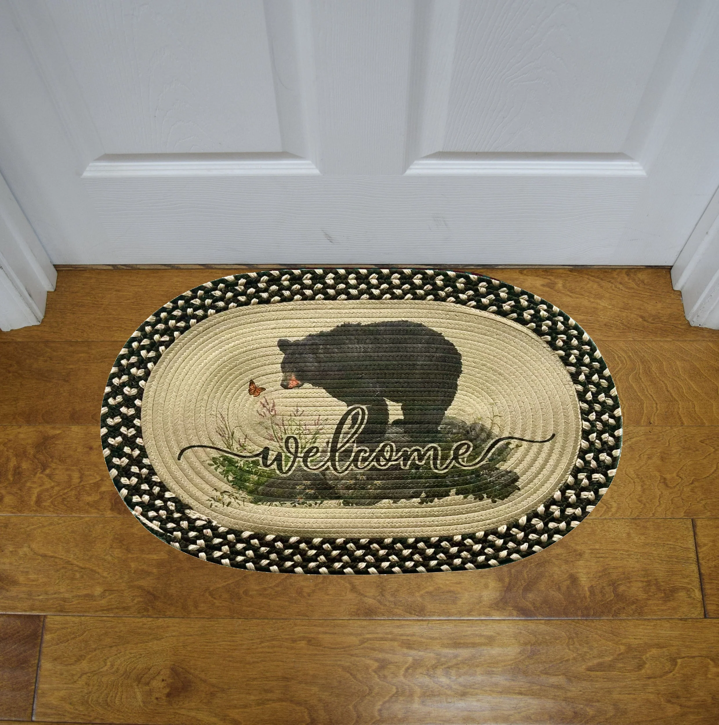 Braided Rug 26-inch Oval-Bear Butterfly Watching - Image 2