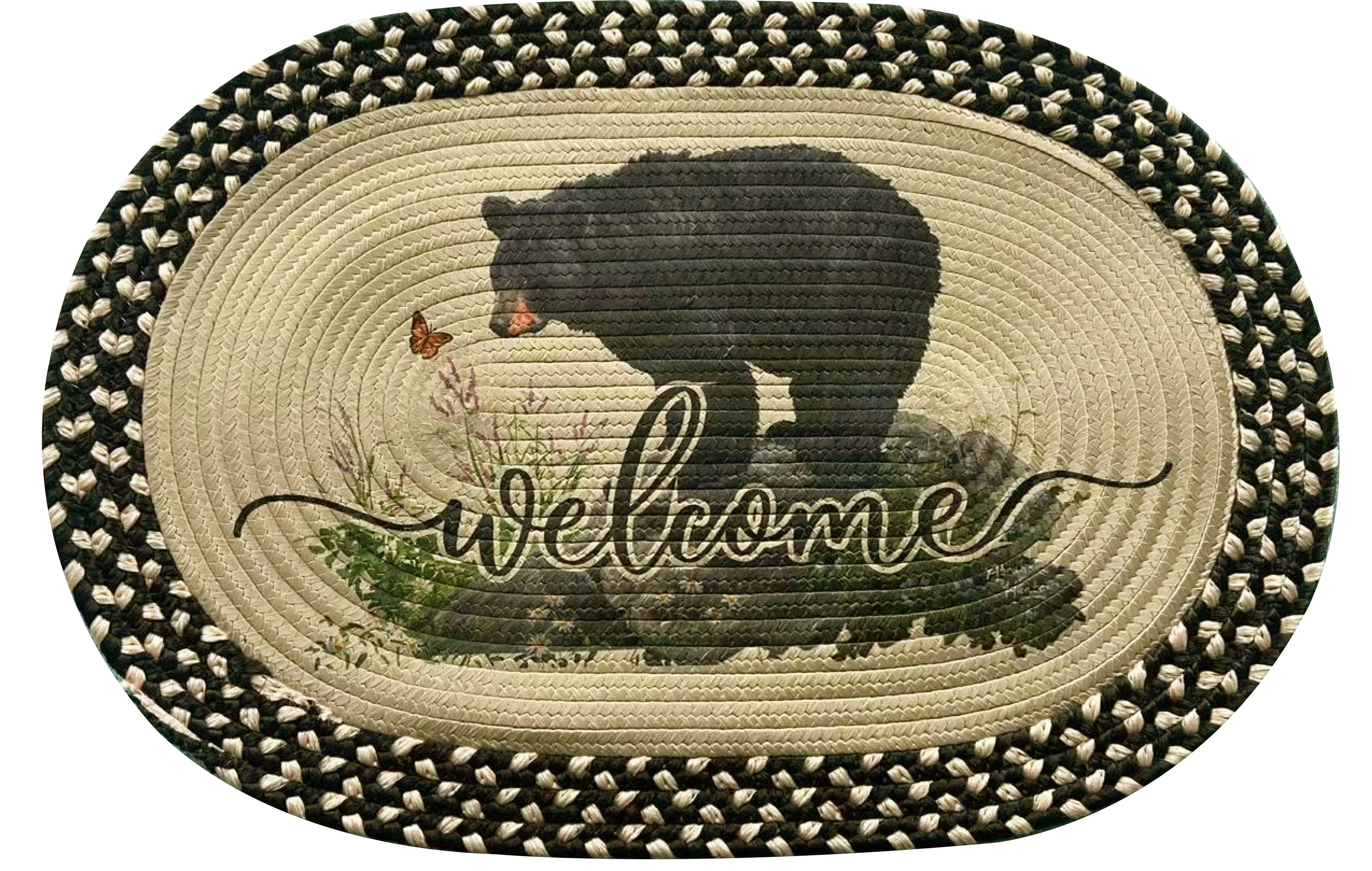 Braided Rug 26-inch Oval-Bear Butterfly Watching - Image 1