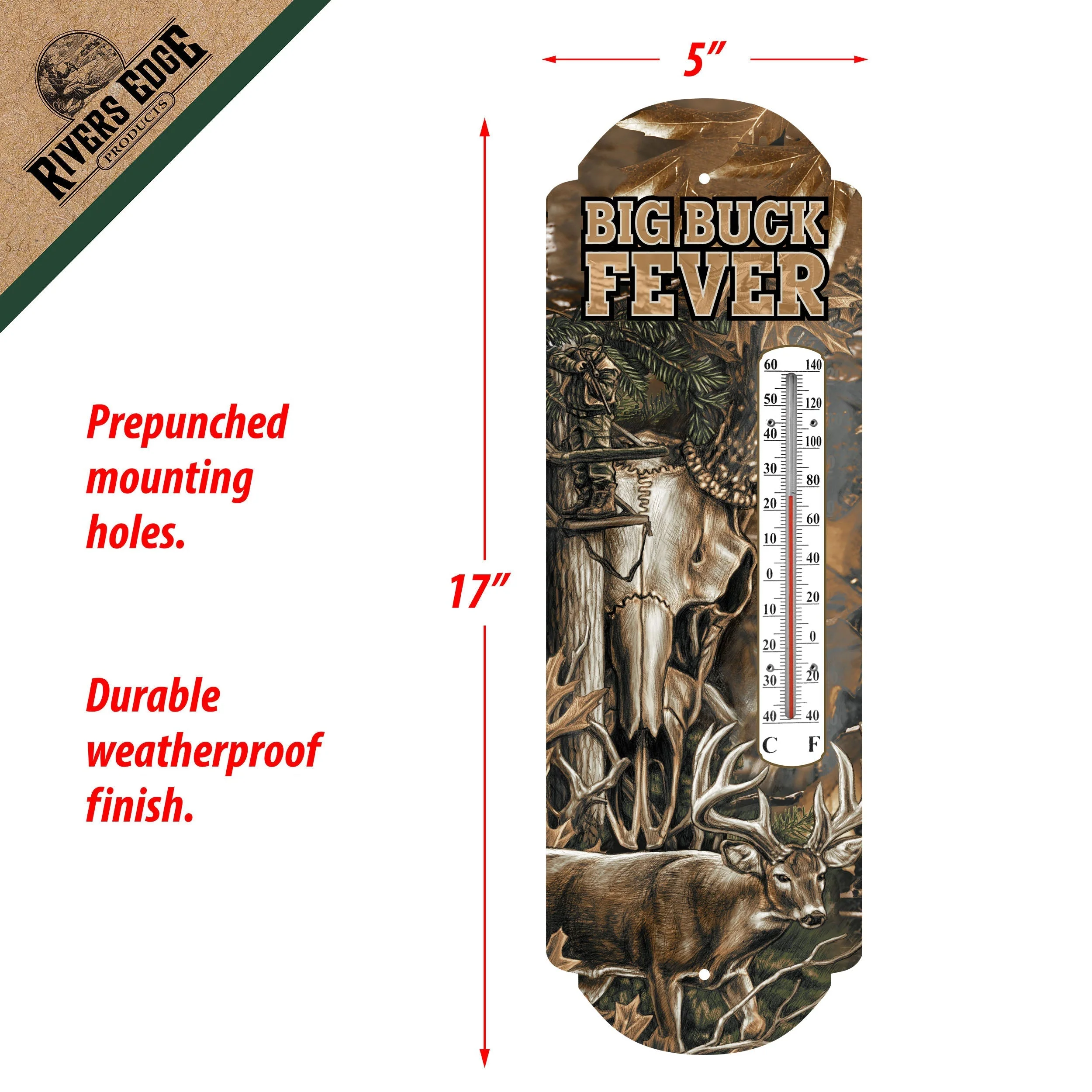 Tin Wall Thermometer, 17" x 5" UV Coated Indoor or Outdoor Thermometer, Home, Garage, or Kitchen Thermometer for Room Temperature, Novelty Temperature Gauge, Big Buck Fever - Image 2