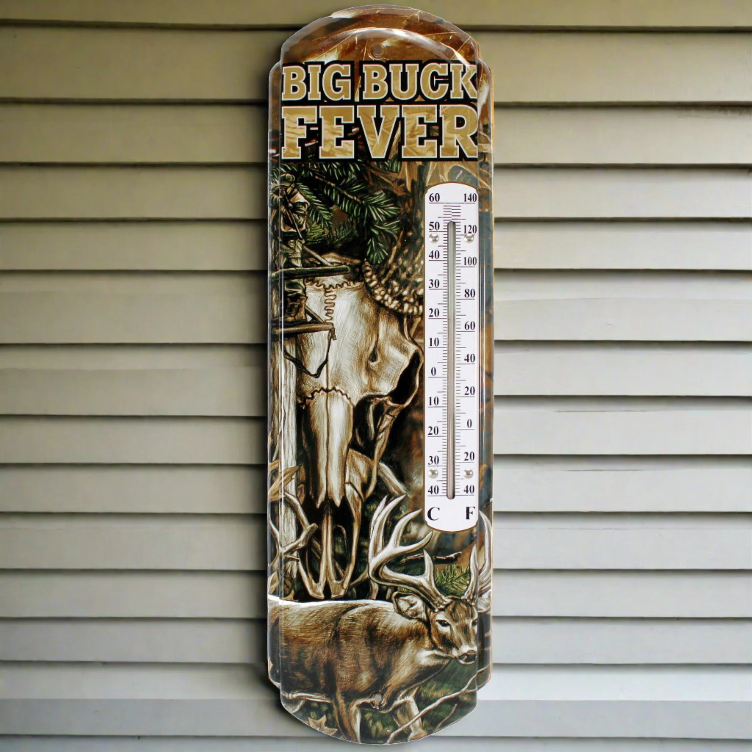 Tin Wall Thermometer, 17″ x 5″ UV Coated Indoor or Outdoor Thermometer, Home, Garage, or Kitchen Thermometer for Room Temperature, Novelty Temperature Gauge, Big Buck Fever