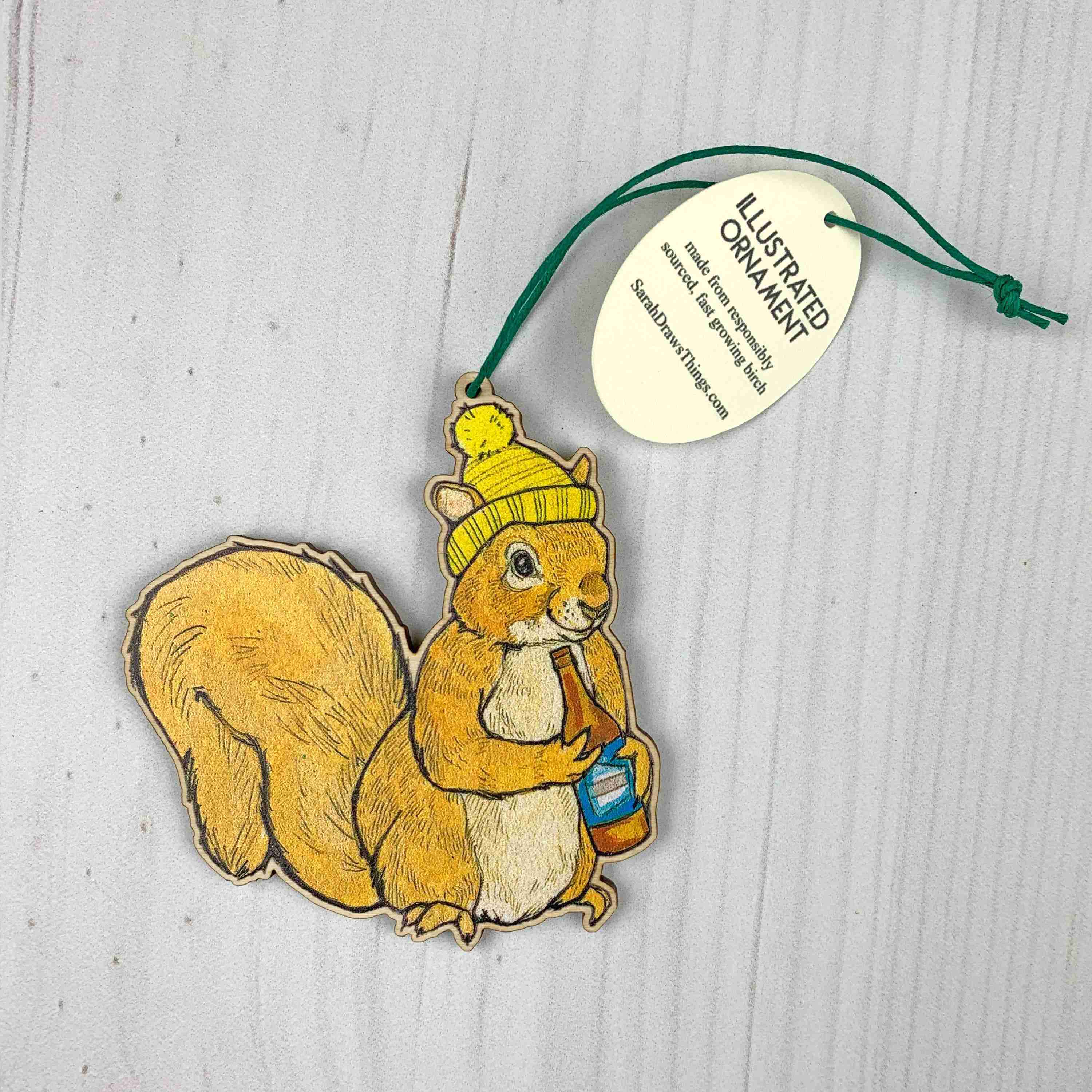 Beer Squirrel- 3.5" illustrated wooden tree ornament - Image 1