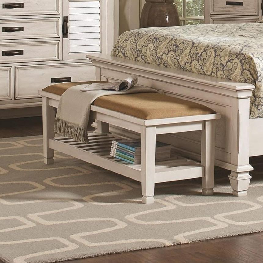 Coaster Furniture Franco 205337 Fabric Upholstered Bench with Shelf – Distressed White