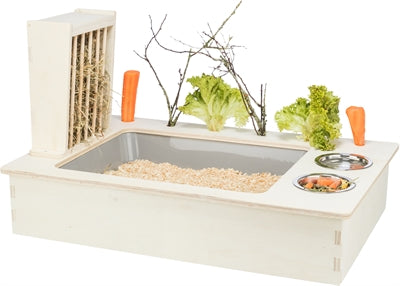 Trixie Feeding Station with Food Bowl / Water Bowl / Hay Rack, Natural Wood