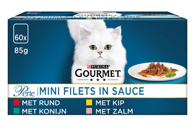 Gourmet Perle Mini Fillets in Sauce – Luxury Cat Food Chicken, Rabbit, Beef & Salmon (60 x 85 g)