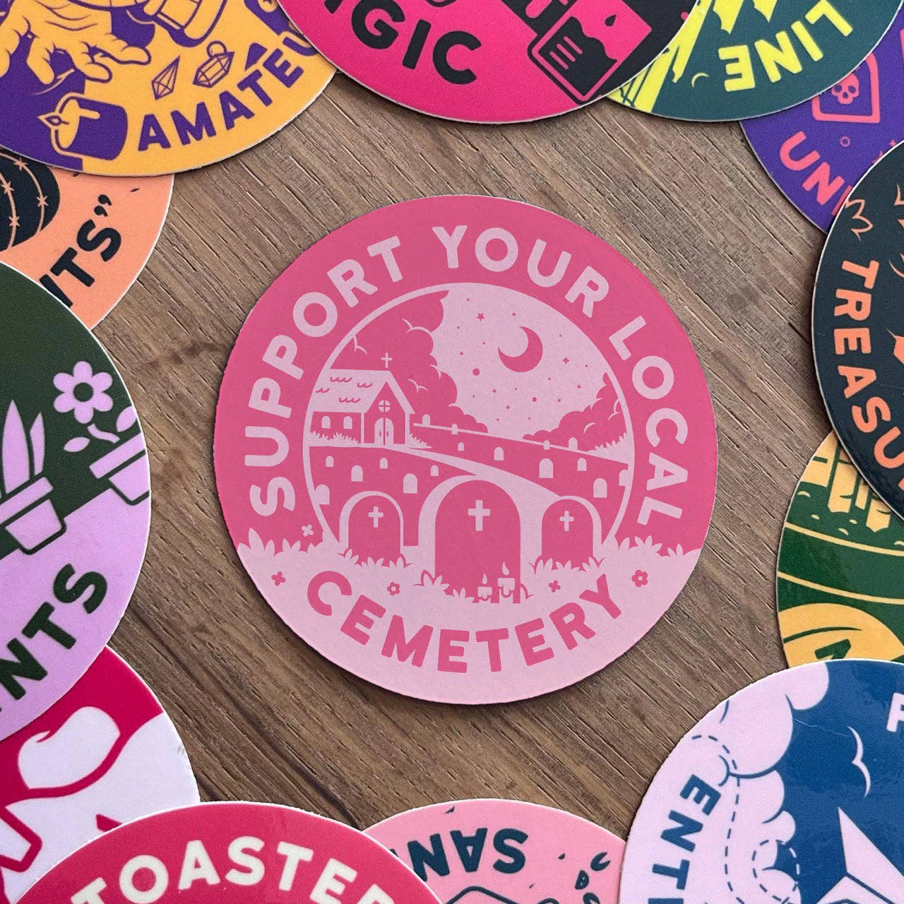 Support Your Local Cemetery 3" Sticker | Pink - Image 2