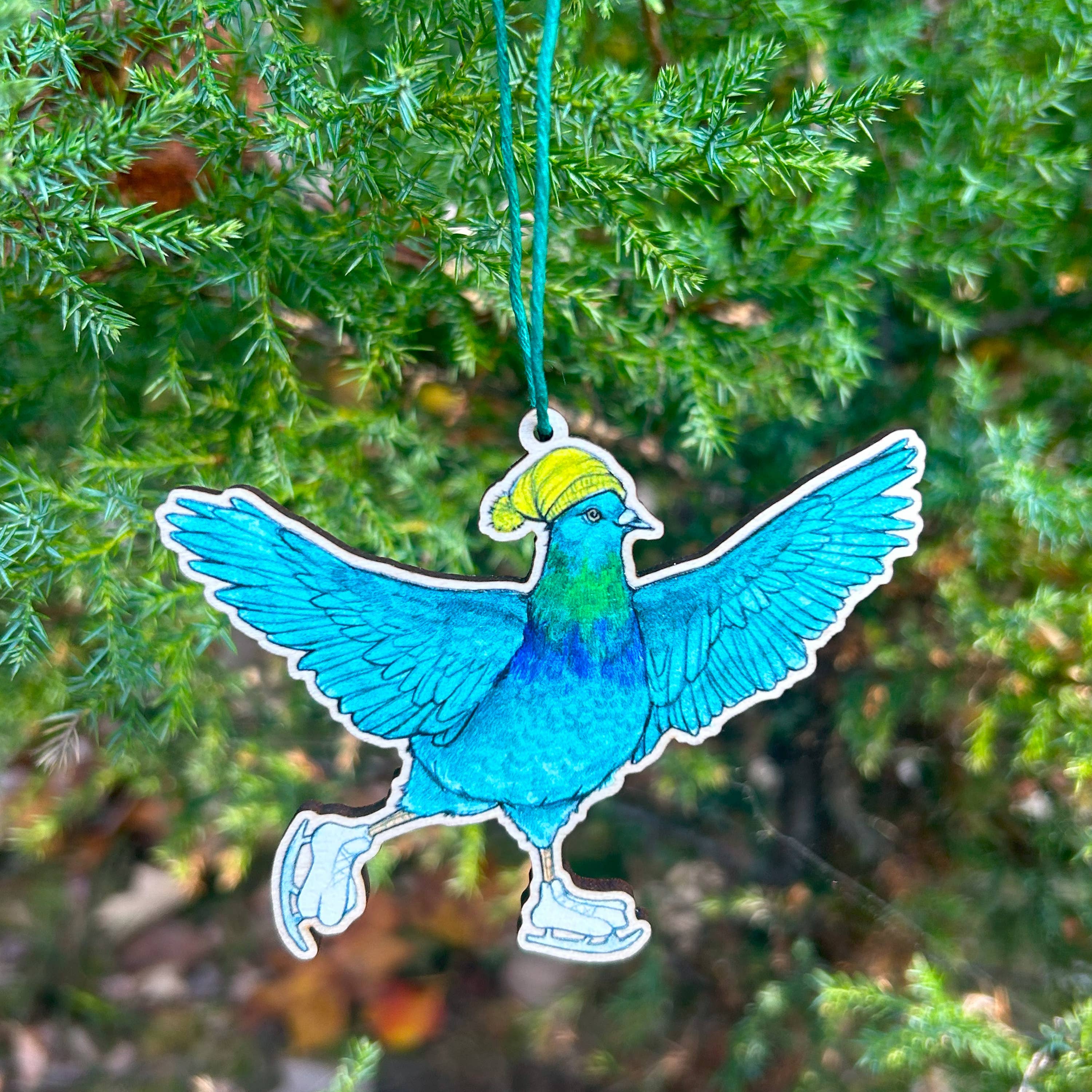 Pigeon Ice Skate - 3.5" illustrated wooden tree ornament - Image 2